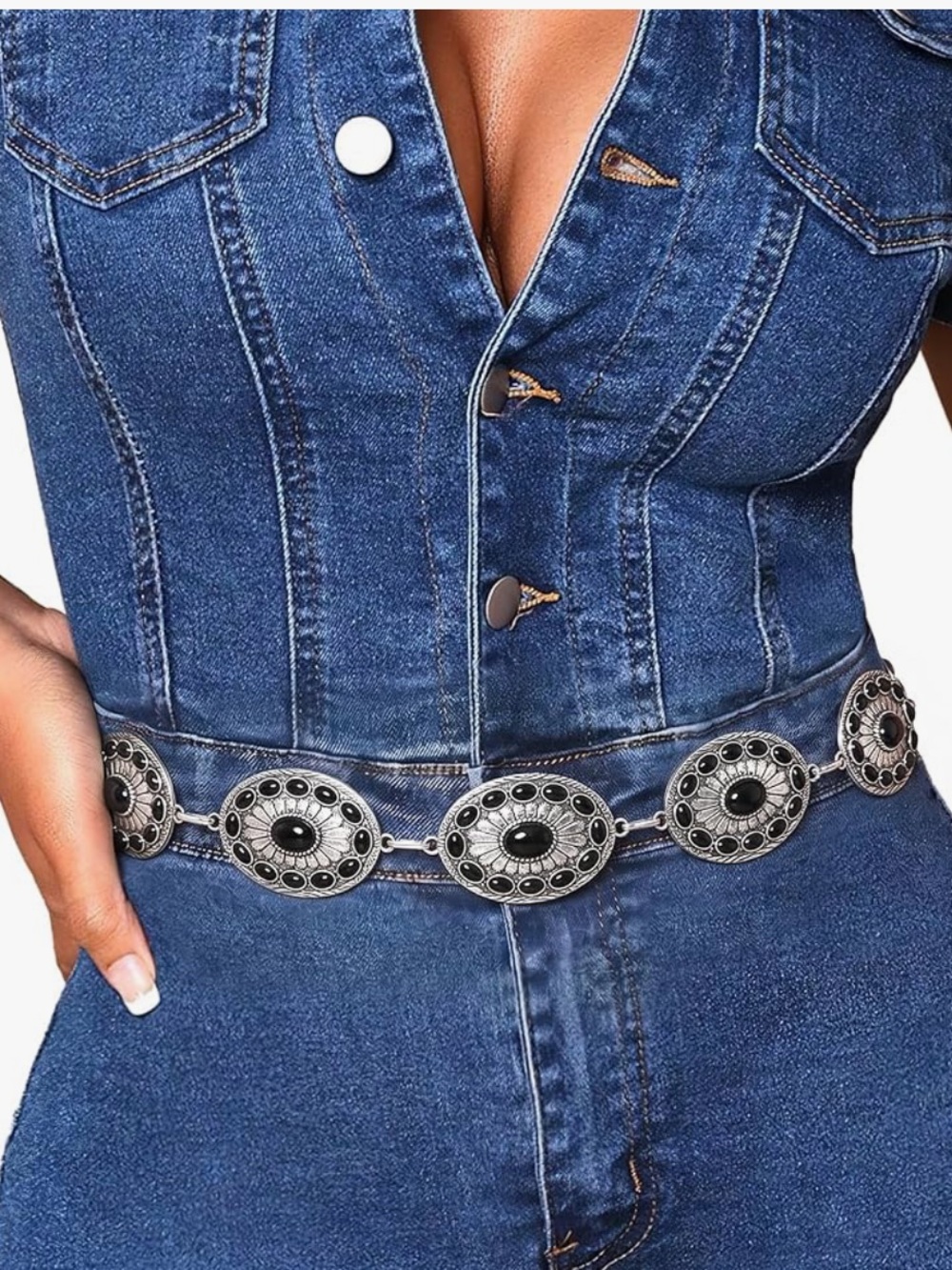 Western Metal Concho Black Turquoise Belt - Silver